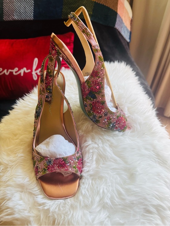 Betsey Johnson Shoes - Betsey Johnson Embellished Pink Floral Slingback Heels